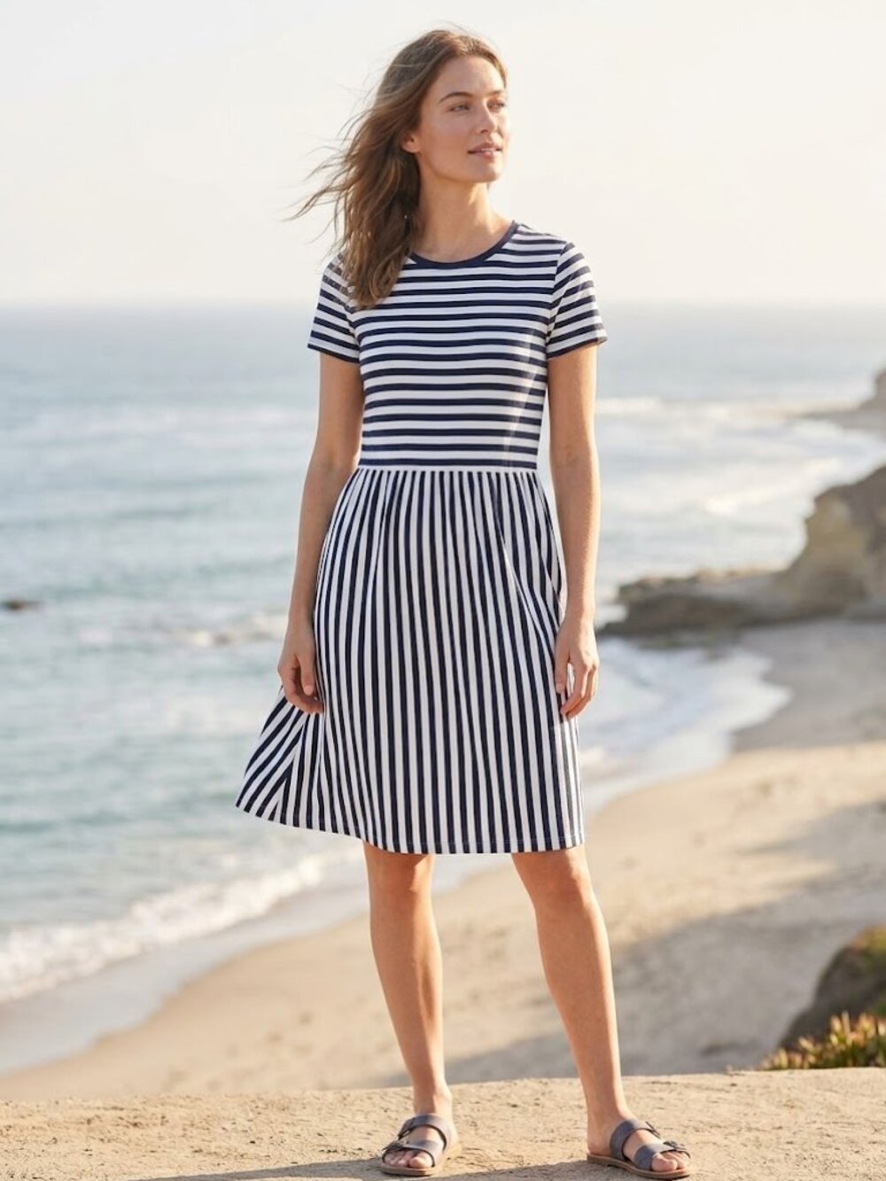 1901 Cotton Blue And White Stripe Short Sleeve Dress